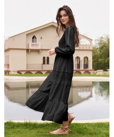 Long Sleeve Maxi Dress for Women V Neck Lace Boho Dress Flowy Fall Wedding Guest Dresses with Pockets Black $28.59 Dresses