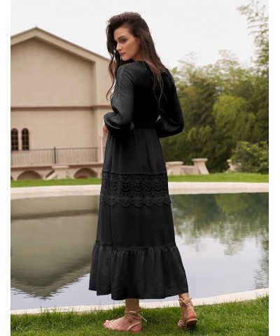 Long Sleeve Maxi Dress for Women V Neck Lace Boho Dress Flowy Fall Wedding Guest Dresses with Pockets Black $28.59 Dresses