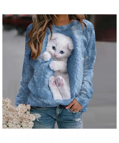 Womens Cute 3D Cat Graphic Crewneck Sweatshirt Oversized Casual Funny Plus Size Long Sleeve Shirt for Cats Lovers Blue $13.33...