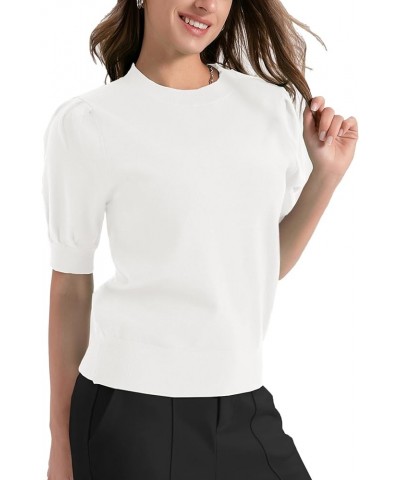 Women's Puff Short Sleeve Sweater Tops 2024 Crewneck Lightweight Knit Pullover Basic Solid Sweaters Blouse White $16.82 Sweaters