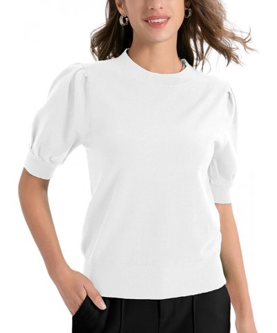 Women's Puff Short Sleeve Sweater Tops 2024 Crewneck Lightweight Knit Pullover Basic Solid Sweaters Blouse White $16.82 Sweaters