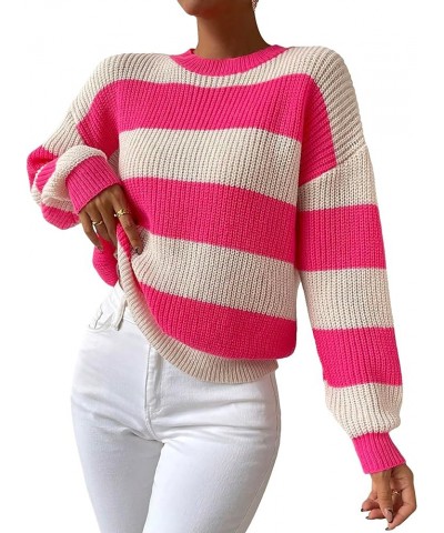 Women's Colorblock Crew Neck Drop Shoulder Striped Loose Sweater Pullover Top Pink and Beige $16.38 Sweaters