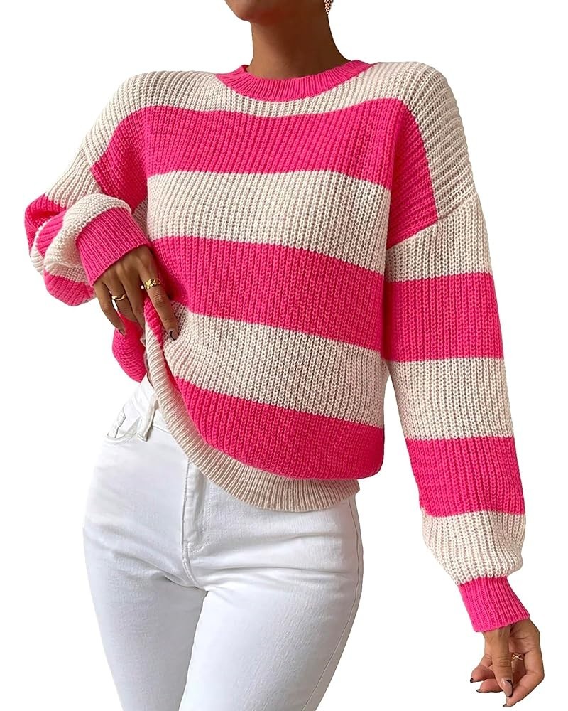 Women's Colorblock Crew Neck Drop Shoulder Striped Loose Sweater Pullover Top Pink and Beige $16.38 Sweaters