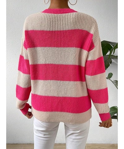 Women's Colorblock Crew Neck Drop Shoulder Striped Loose Sweater Pullover Top Pink and Beige $16.38 Sweaters