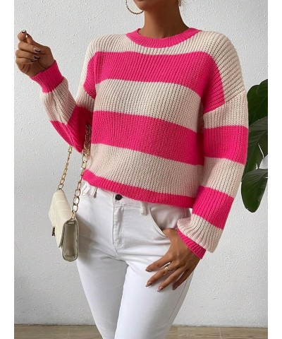 Women's Colorblock Crew Neck Drop Shoulder Striped Loose Sweater Pullover Top Pink and Beige $16.38 Sweaters