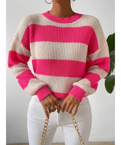 Women's Colorblock Crew Neck Drop Shoulder Striped Loose Sweater Pullover Top Pink and Beige $16.38 Sweaters