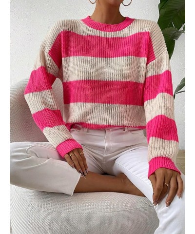 Women's Colorblock Crew Neck Drop Shoulder Striped Loose Sweater Pullover Top Pink and Beige $16.38 Sweaters