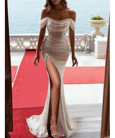 Sparkly Mermaid Prom Dress for Women Off The Shoulder Long Sequin Cowl Neck Formal Evening Ball Gown Mint Green $39.74 Dresses