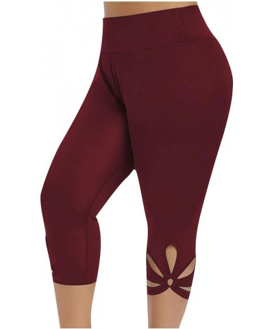 Capris Leggings for Women Summer 2023 High Waist Stretch Plus Size Cropped Pants Sexy Hollow Out Workout Pant B-wine $4.47 Le...