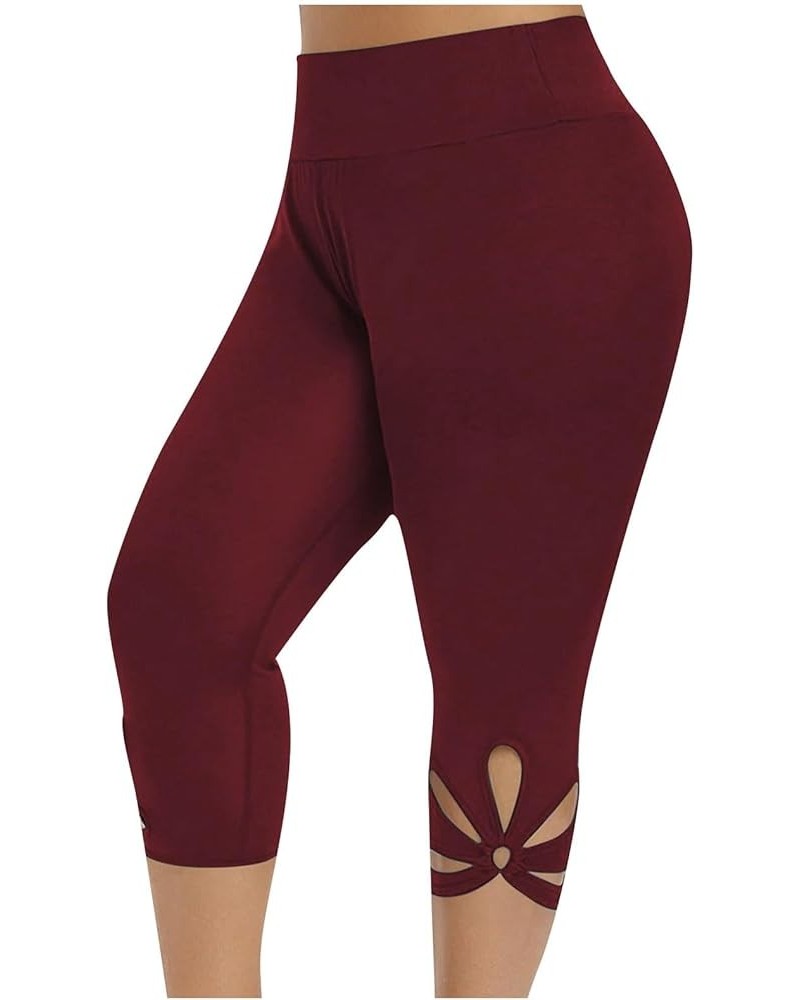 Capris Leggings for Women Summer 2023 High Waist Stretch Plus Size Cropped Pants Sexy Hollow Out Workout Pant B-wine $4.47 Le...