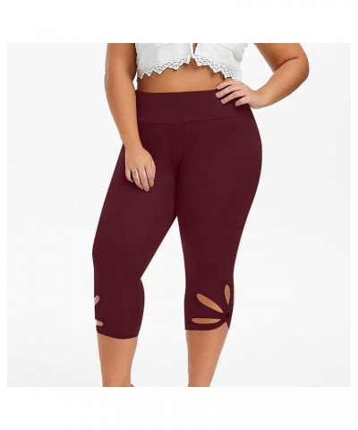 Capris Leggings for Women Summer 2023 High Waist Stretch Plus Size Cropped Pants Sexy Hollow Out Workout Pant B-wine $4.47 Le...