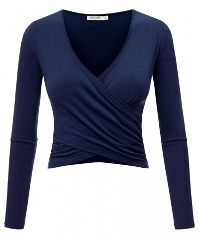 Women's Premium Short/Long Sleeve Deep V Neck Slim fit Cross Wrap Crop top Shirt-Made in USA Wt1482_navy $10.79 T-Shirts