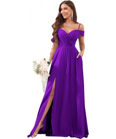 Women's Off Shoulder Bridesmaid Dresses Long Slit Chiffon Ruched Evening Formal Dress with Pockets Purple $28.00 Dresses