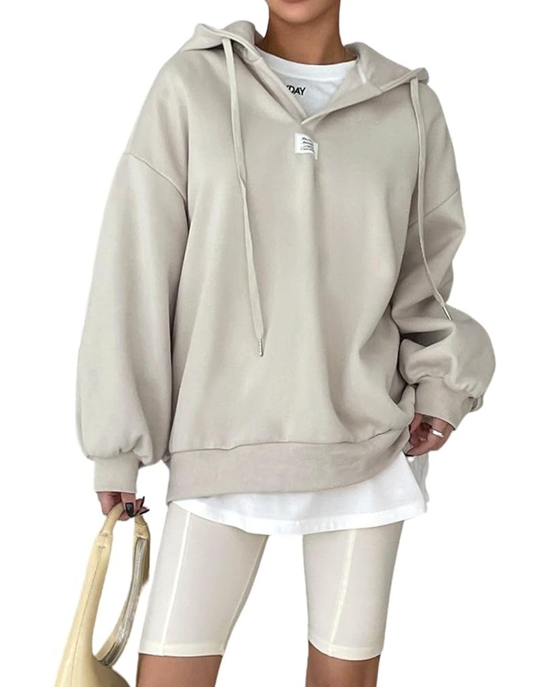 Women's Loose Hoodie Drop Shoulder Long Sleeve Drawstring Hooded Sweatshirt Top Beige $11.19 Hoodies & Sweatshirts