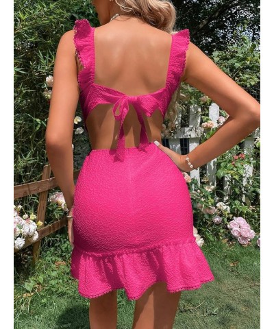 Women's Boho Backless Knot Ruffle Hem High Waist Trim Textured Mini Dress Hot Pink $28.79 Dresses