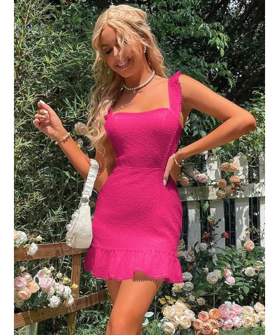 Women's Boho Backless Knot Ruffle Hem High Waist Trim Textured Mini Dress Hot Pink $28.79 Dresses