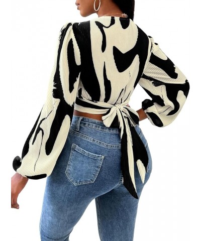 Women's Allover Print V Neck Long Sleeve Twist Front Blouse Crop Top Black and Beige $17.55 Blouses