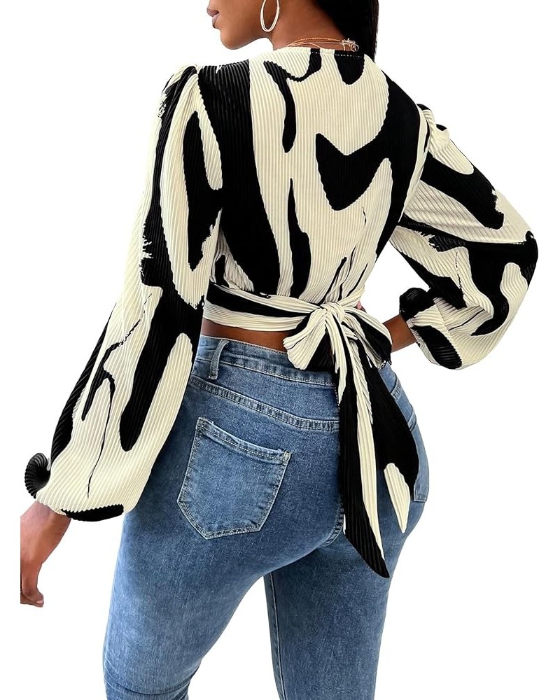 Women's Allover Print V Neck Long Sleeve Twist Front Blouse Crop Top Black and Beige $17.55 Blouses