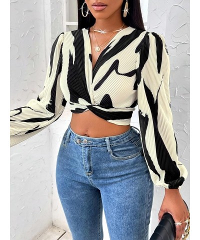 Women's Allover Print V Neck Long Sleeve Twist Front Blouse Crop Top Black and Beige $17.55 Blouses