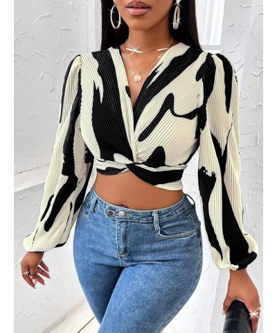 Women's Allover Print V Neck Long Sleeve Twist Front Blouse Crop Top Black and Beige $17.55 Blouses