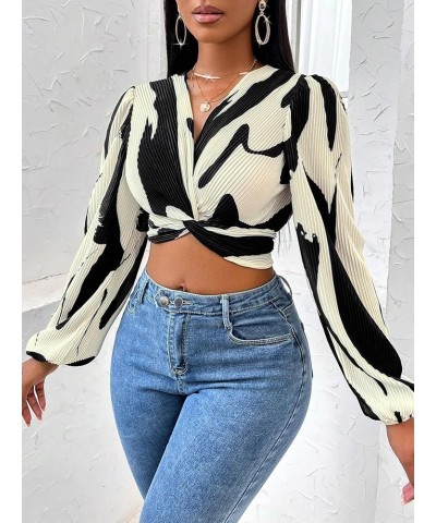 Women's Allover Print V Neck Long Sleeve Twist Front Blouse Crop Top Black and Beige $17.55 Blouses