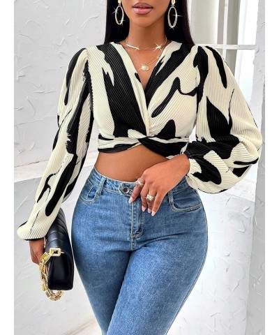 Women's Allover Print V Neck Long Sleeve Twist Front Blouse Crop Top Black and Beige $17.55 Blouses