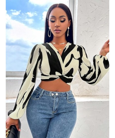 Women's Allover Print V Neck Long Sleeve Twist Front Blouse Crop Top Black and Beige $17.55 Blouses