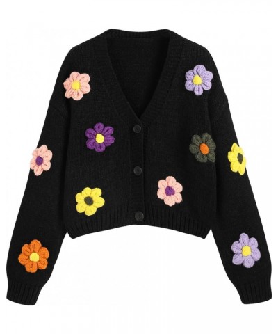 Womens Cardigan Floral Cardigan Button Cardigan Sweaters for Women V-Neck Button Flower Cardigan Black $23.39 Sweaters