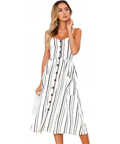 Womens Summer Spaghetti Strap Dresses Button Down Floral Sundress High Waist Swing Midi Dress with Pockets Stripe White $13.7...