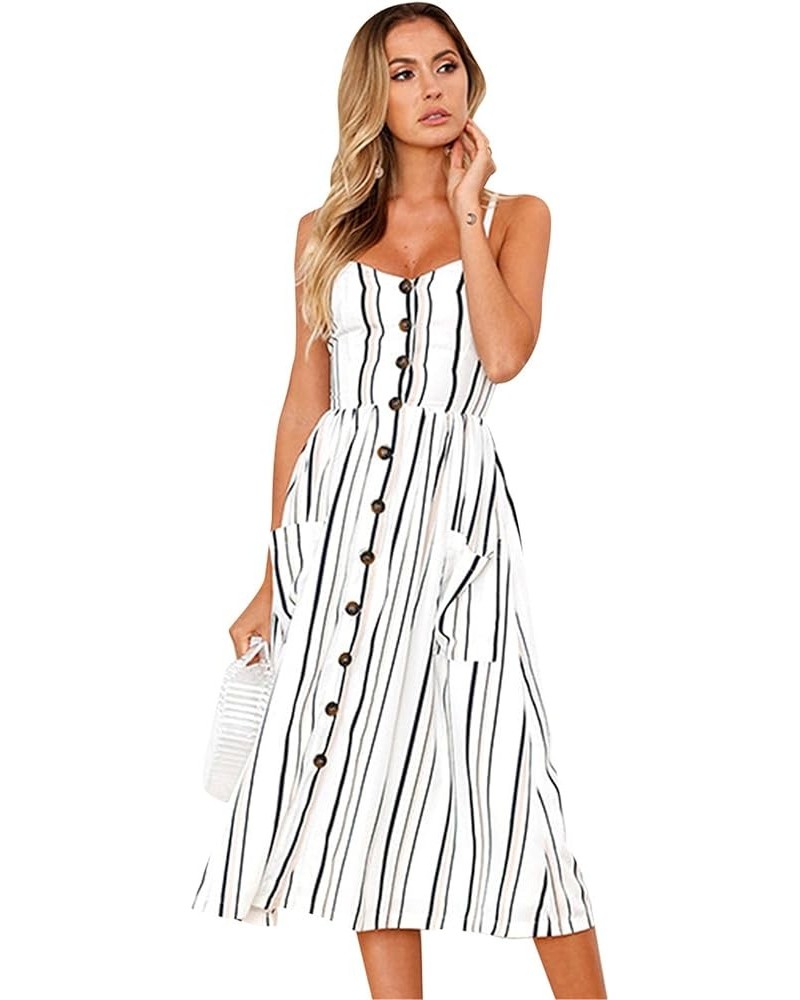 Womens Summer Spaghetti Strap Dresses Button Down Floral Sundress High Waist Swing Midi Dress with Pockets Stripe White $13.7...