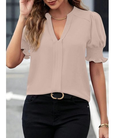 Women's Blouses Chiffon V Neck Puff Short Sleeve Shirt Summer Casual Business Shirts Apricot $13.20 Blouses