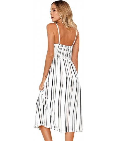 Womens Summer Spaghetti Strap Dresses Button Down Floral Sundress High Waist Swing Midi Dress with Pockets Stripe White $13.7...