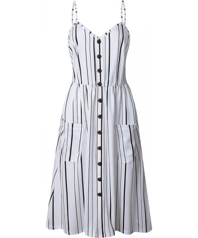 Womens Summer Spaghetti Strap Dresses Button Down Floral Sundress High Waist Swing Midi Dress with Pockets Stripe White $13.7...