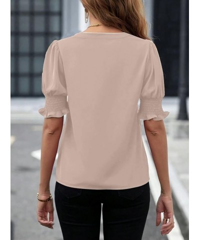 Women's Blouses Chiffon V Neck Puff Short Sleeve Shirt Summer Casual Business Shirts Apricot $13.20 Blouses