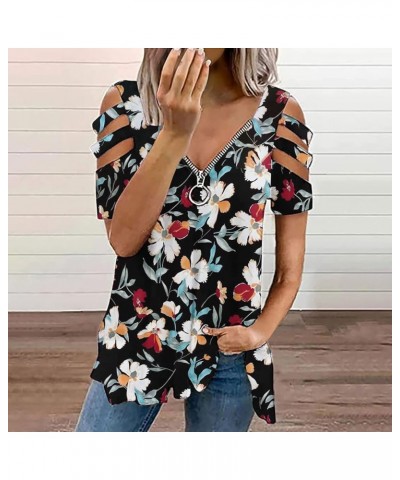 Womens Long Sleeve Cold Shoulder Basic Tee Tops Shirts Cut Out Long Sleeve Zip Up V Neck Tunic Tops Spring Tops Blouse Z23042...