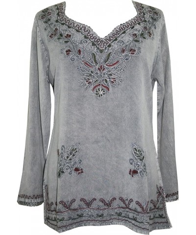 Women's Long Sleeve Embroidered Casual Relax Medieval Boho Vintage Rayon Tunic Kurta Blouse Silver Gray $21.58 Blouses