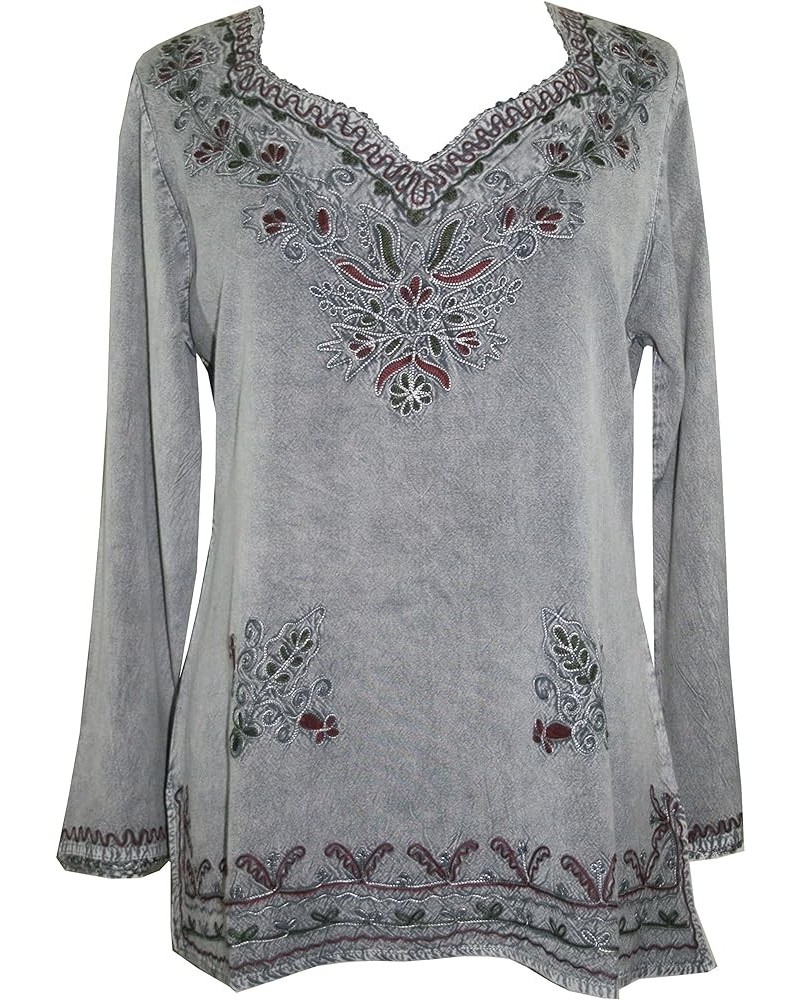 Women's Long Sleeve Embroidered Casual Relax Medieval Boho Vintage Rayon Tunic Kurta Blouse Silver Gray $21.58 Blouses