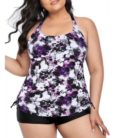 Plus Size Strappy Bathing Suits for Women Athletic Two Piece Swimsuit Modest Tankini Top with Shorts Purple Floral $19.20 Swi...