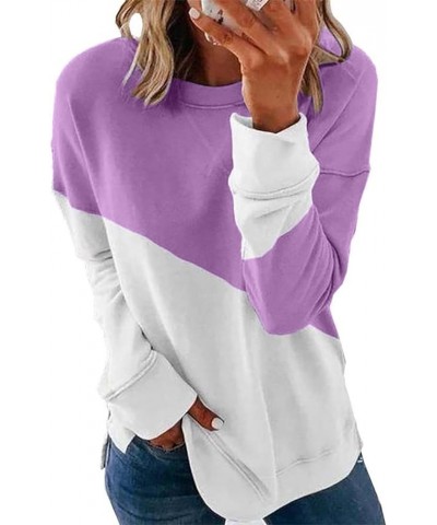 Fall Sweatshirts for Women 2023 Fashion Casual Crewneck Long Sleeve Pullover ColorBlock Stripe Print Blouse Loose Fit B1-purp...