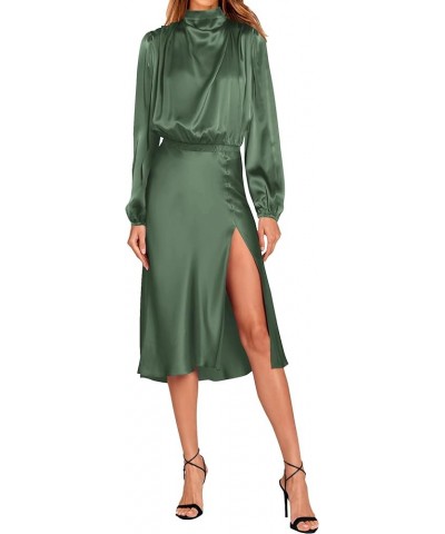 Women Fall Formal Mock Neck Long Sleeve Satin Dress Elastic Waist High Slit Midi Wedding Guest Dresses 2024 Solid Army Green ...