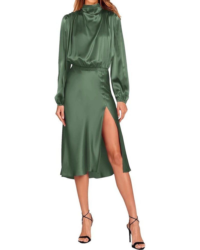 Women Fall Formal Mock Neck Long Sleeve Satin Dress Elastic Waist High Slit Midi Wedding Guest Dresses 2024 Solid Army Green ...