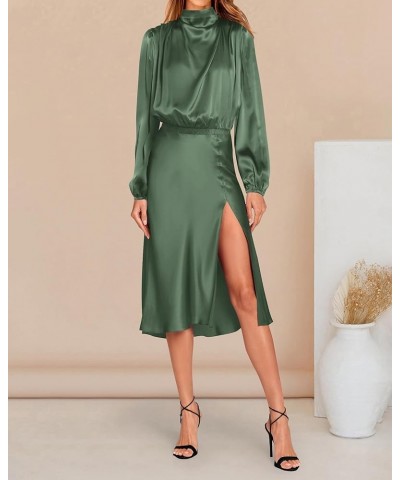 Women Fall Formal Mock Neck Long Sleeve Satin Dress Elastic Waist High Slit Midi Wedding Guest Dresses 2024 Solid Army Green ...