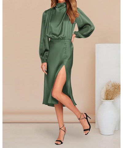 Women Fall Formal Mock Neck Long Sleeve Satin Dress Elastic Waist High Slit Midi Wedding Guest Dresses 2024 Solid Army Green ...