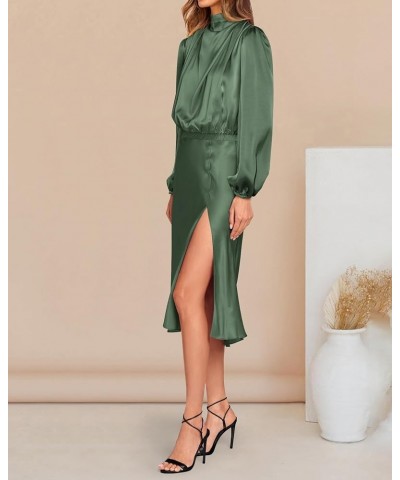 Women Fall Formal Mock Neck Long Sleeve Satin Dress Elastic Waist High Slit Midi Wedding Guest Dresses 2024 Solid Army Green ...