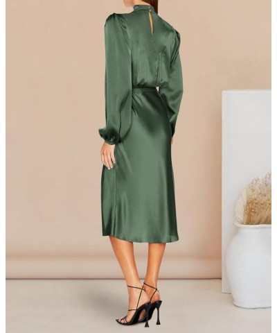 Women Fall Formal Mock Neck Long Sleeve Satin Dress Elastic Waist High Slit Midi Wedding Guest Dresses 2024 Solid Army Green ...