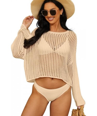 Women's Crochet Cover Up Long Sleeve Oversized Swimsuit Bikini Cover Up Tops Beige $11.25 Swimsuits