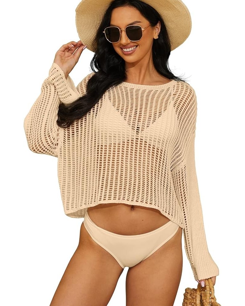 Women's Crochet Cover Up Long Sleeve Oversized Swimsuit Bikini Cover Up Tops Beige $11.25 Swimsuits