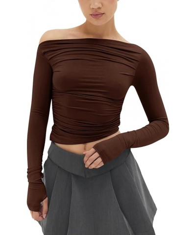 Women's Sexy Off Shoulder Asymmetrical Tops Ruched Long Sleeve Boat Neck Cropped Y2K Tee Shirts Soft Brown $16.50 T-Shirts