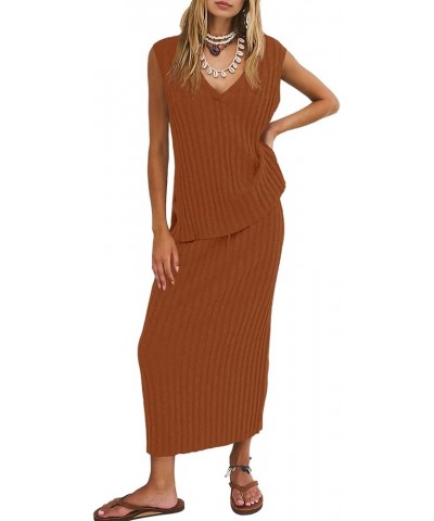 Womens 2 Piece Sweater Sets Tank Tops Knitted Ribbed V Neck Sleeveless Casual Midi Skirt Sets Brown $15.20 Activewear