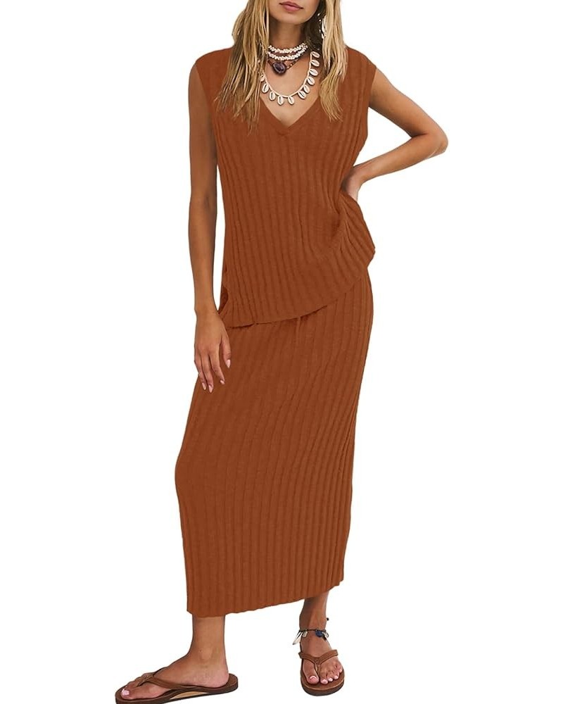 Womens 2 Piece Sweater Sets Tank Tops Knitted Ribbed V Neck Sleeveless Casual Midi Skirt Sets Brown $15.20 Activewear